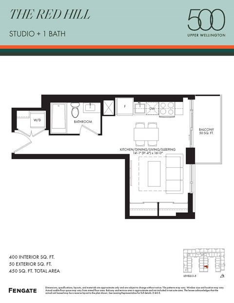 Floor plan for studio, 1 bath, 400 sqft